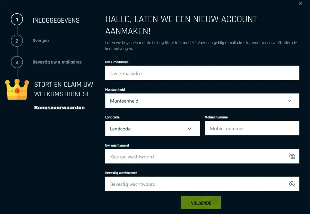 Registratie bij Rise of Bets